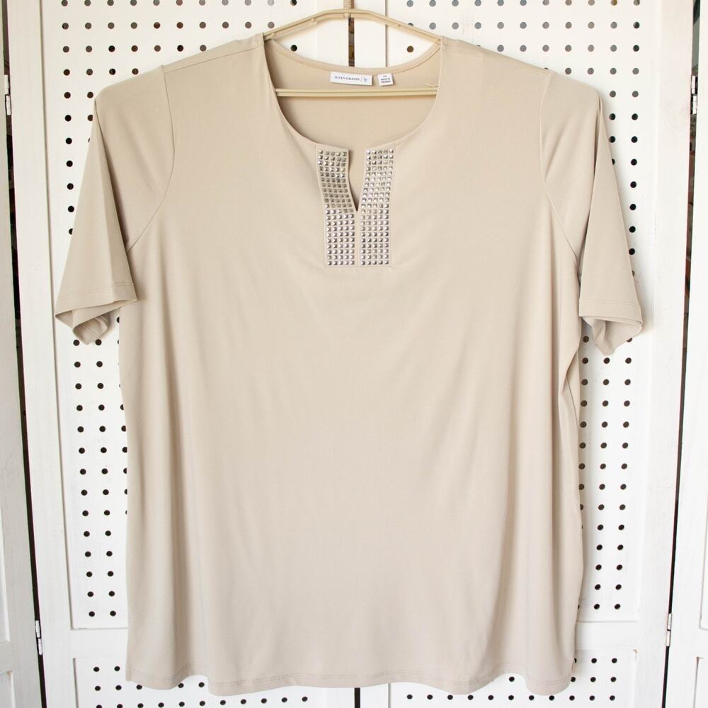 Susan‎ Graver Womens SIZE 2X Beige Embellished V Neck Short Sleeve Top